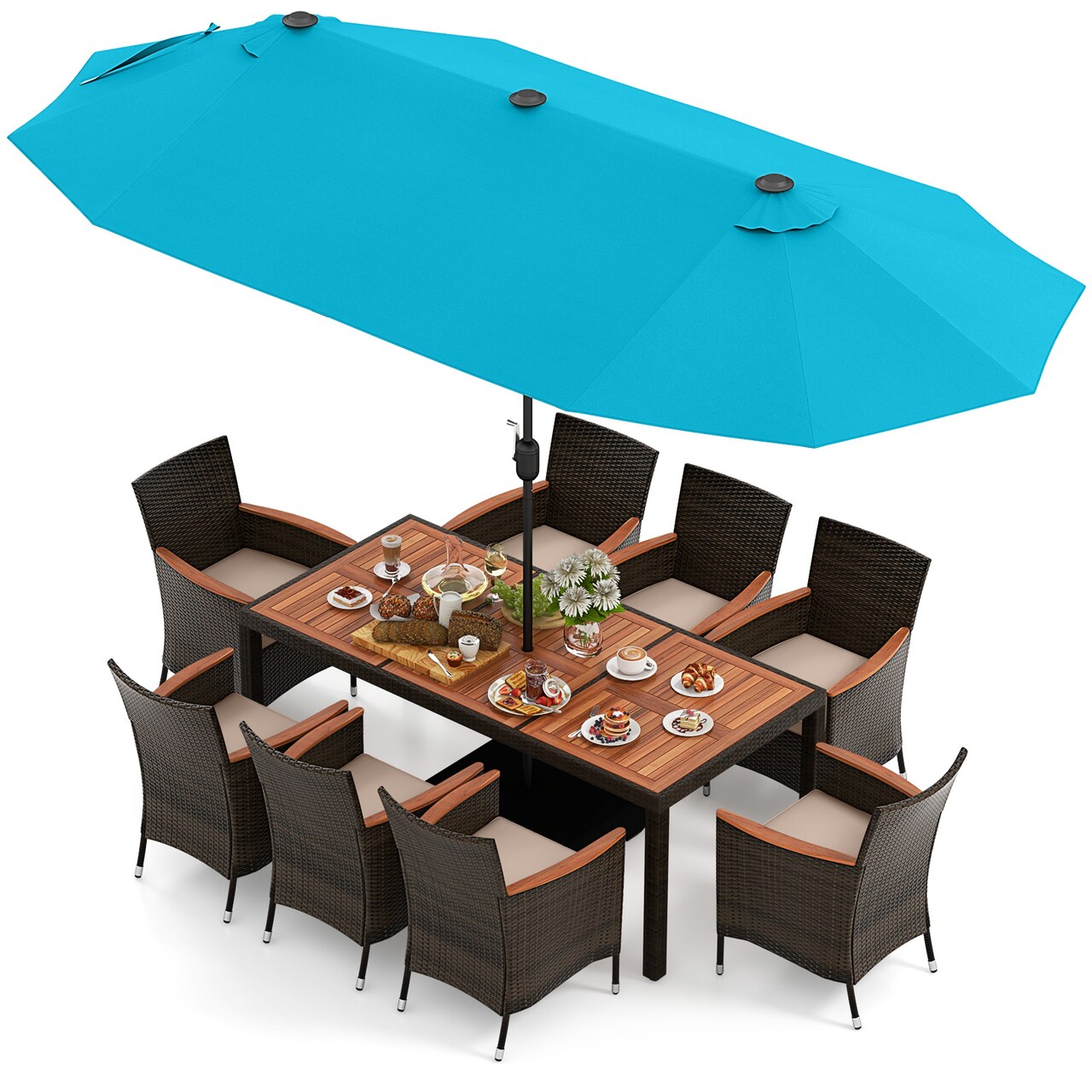 8 Piece Patio Dining Set with Double Sided Solar Umbrella Stackable Chairs Mix Brown